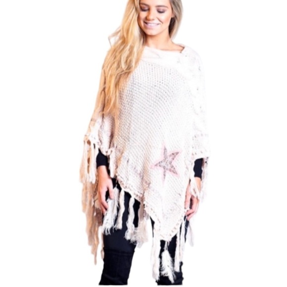 Soft Knit Poncho with Star Decor & Feather Tassels - Picture 12 of 14